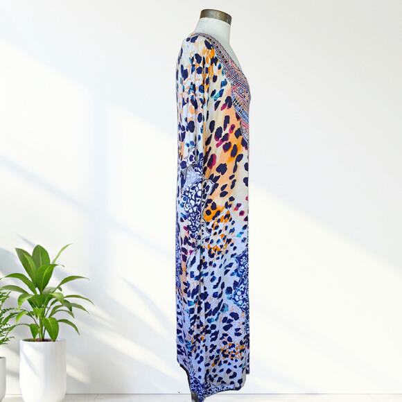 ELLEN TRACEY Long Caftan Dress Small/Medium Loungewear Boho Animal Print Maxi - Picture 3 of 10